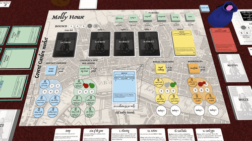 The game board from May 2021, with card drafting. The circles with pawns in are cruising grounds, and the circular tokens are constables policing them.