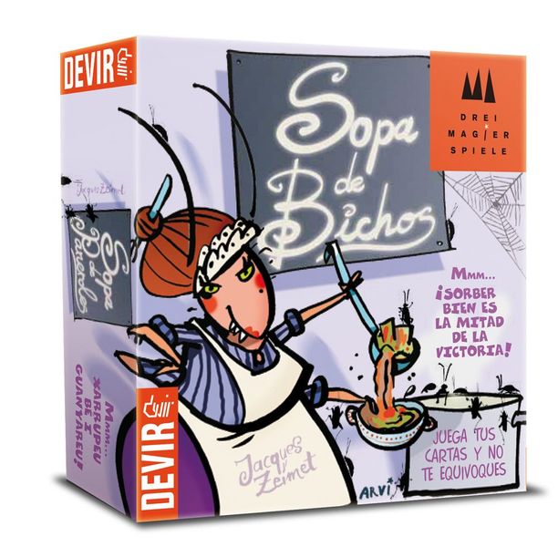Multilingual edition Box from Devir. Spanish, Sopa de Bichos; catalonian, Sopa de Paneroles; and portuguese, Sopa de Baratas