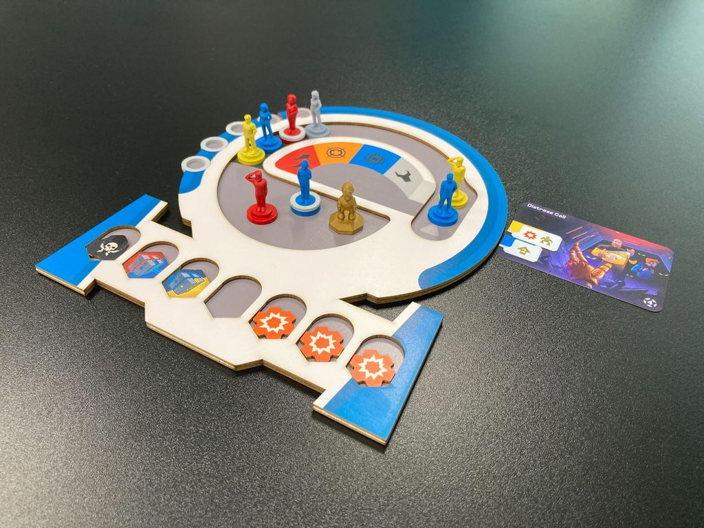 Prototype player boards showing minis and the crew queue