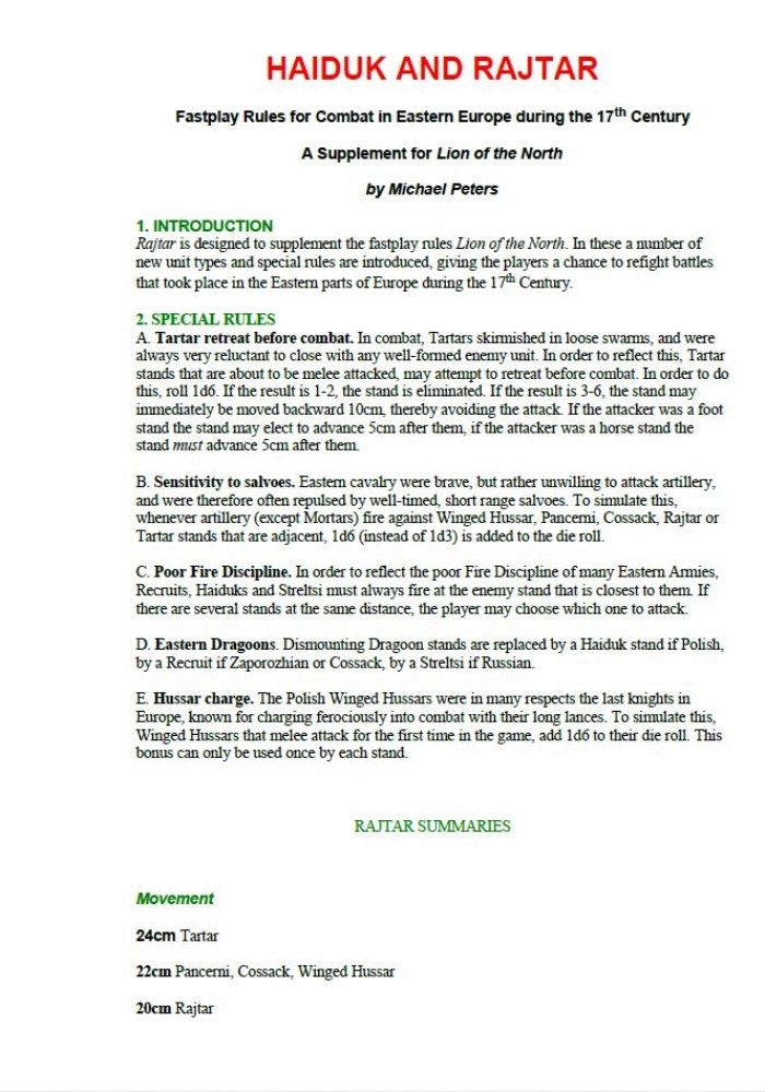 Haiduk and Rajtar: A Supplement for Lion of the North