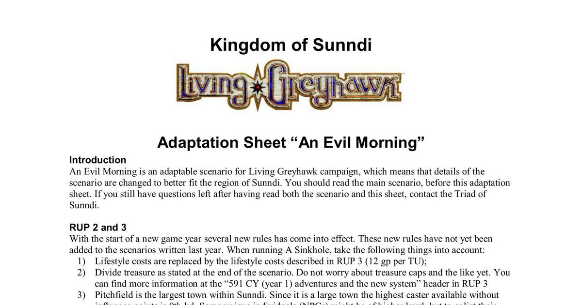 Kingdom of Sunndi Adaptation Sheet - An Evil Morning | RPG Item ...