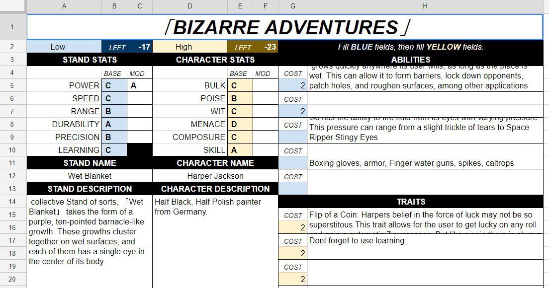 「BIZARRE ADVENTURES」Character Sheet | RPG Item | RPGGeek