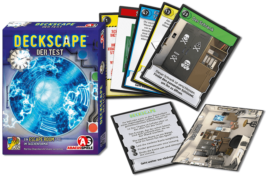 Deckscape: Der Test, ABACUSSPIELE, 2017 — box and sample cards (image provided by the publisher)