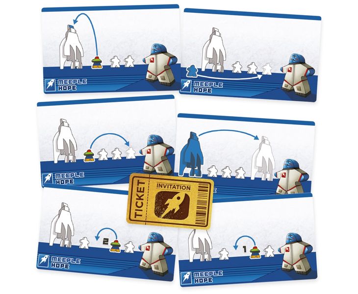 The six action cards (blue player).