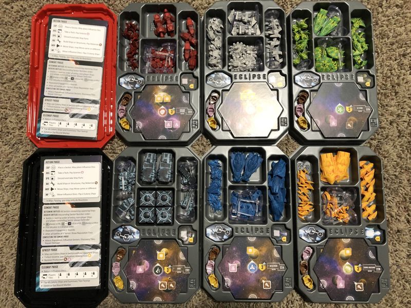 How to fit everything in the box part 1. Distribute 6 flight stands per species tray in the ship slots as they can fit. Place one reference in each species tray.