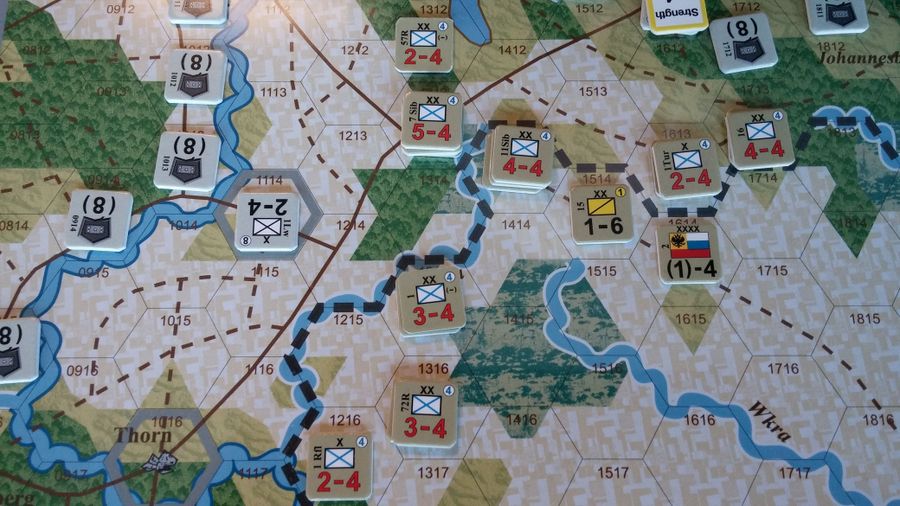 Late in my game with Steve as the Germans, The Germans shift their forces back to the Northern Front, allowing my Russians to advance a little further into Germany. Game Empire Pasadena 18th April 2015.