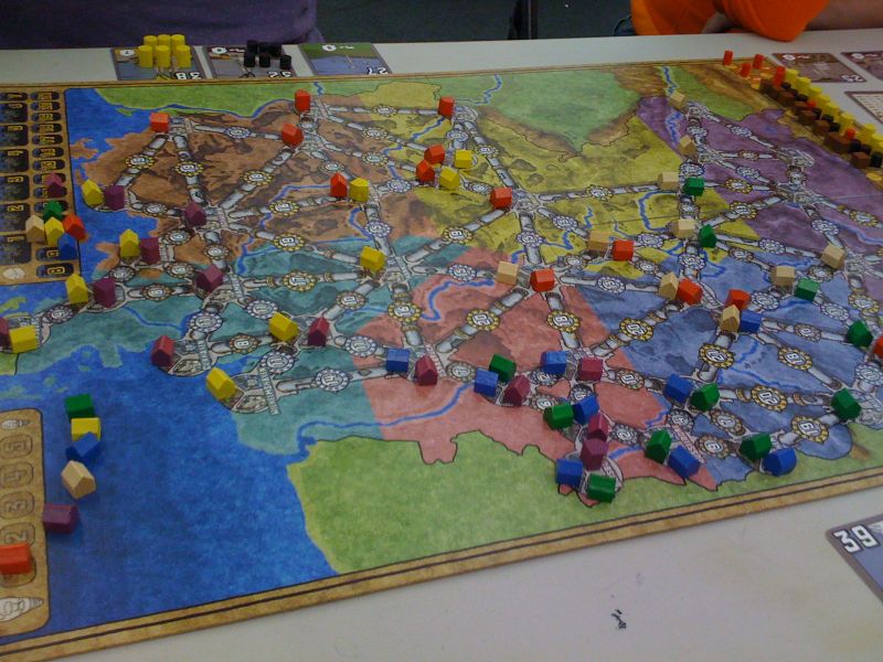 Nearing end-game in a 6-player game.  Shows how crowded this game can get.