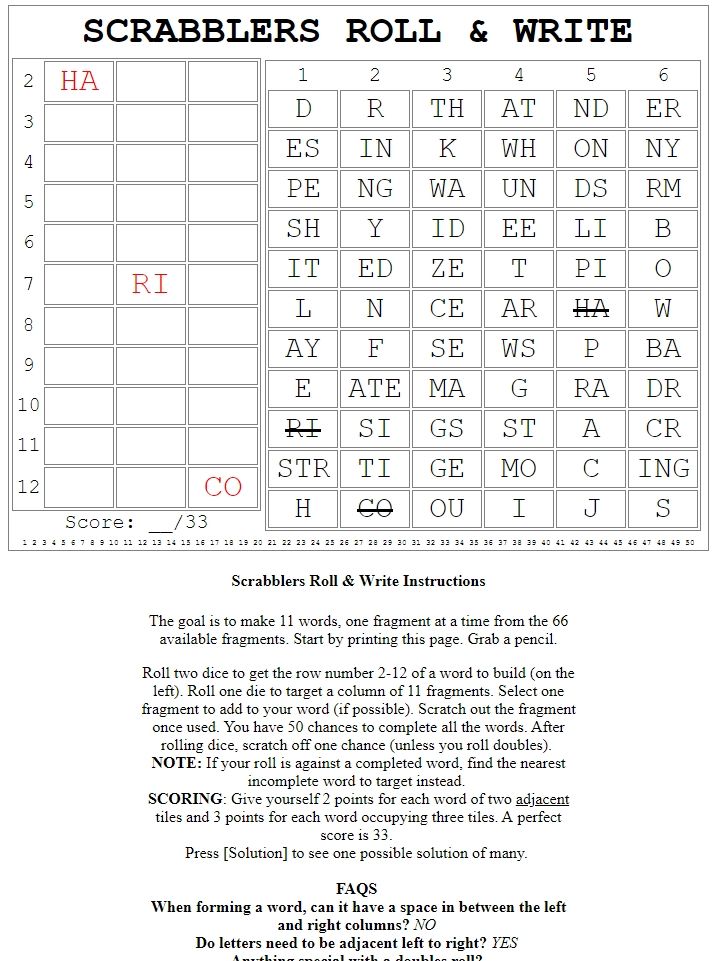 Scrabblers Roll & Write