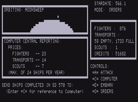 Ship construction: There are three types of ships which have varying costs. The number of ships that can be built each year vary with the capability of the planet. Limited Atomic and Primitive planets cannot build ships. (TRS-80, emulated)