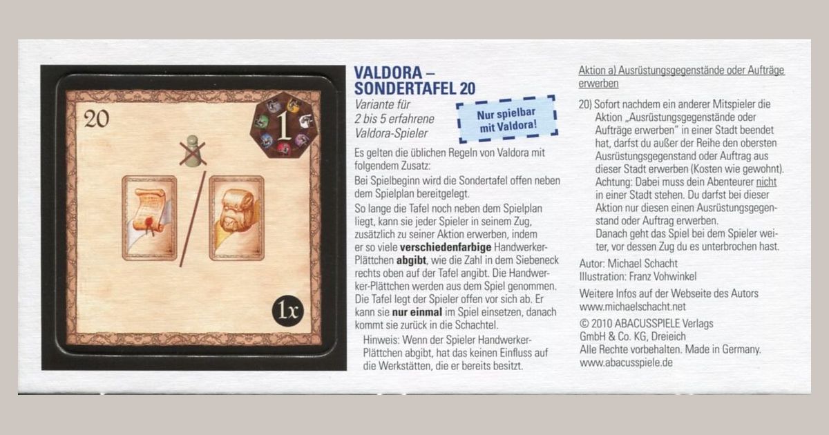 Valdora Sondertafel 20 Valdora Special board 20