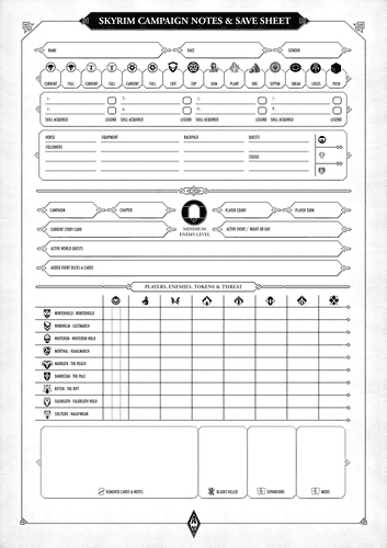 RPG Style - Skyrim Campaign Notes &amp; Save Sheet PDF - Print friendly ...