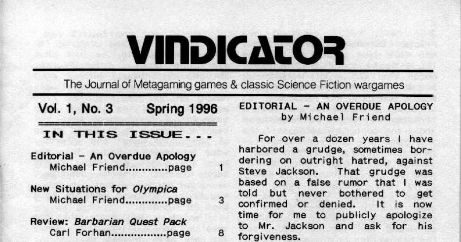 Vindicator (Vol. 1, No. 3 - Spring 1996) | Issue | BoardGameGeek