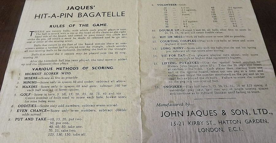 Hit-A-Pin Bagatelle (Jaques) Rule variations
