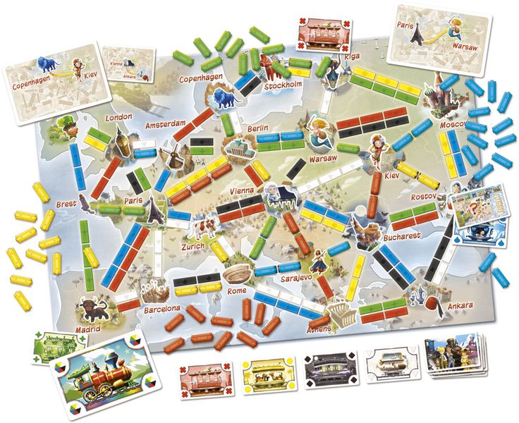 Ticket to Ride: First Journey, Days of Wonder, 2017 — set-up for the English European version (image provided by the publisher)