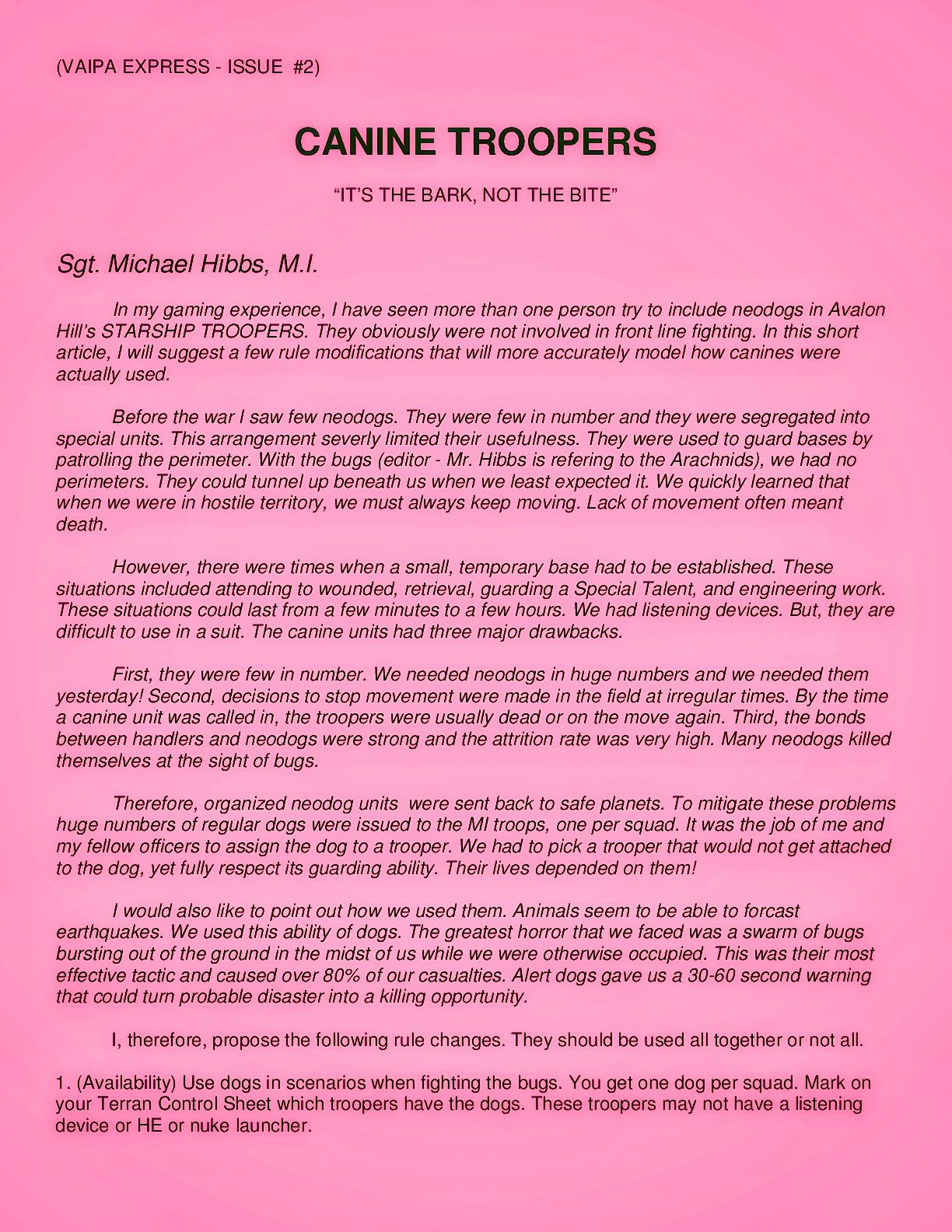 Canine Troopers (fan expansion for Starship Troopers) cover