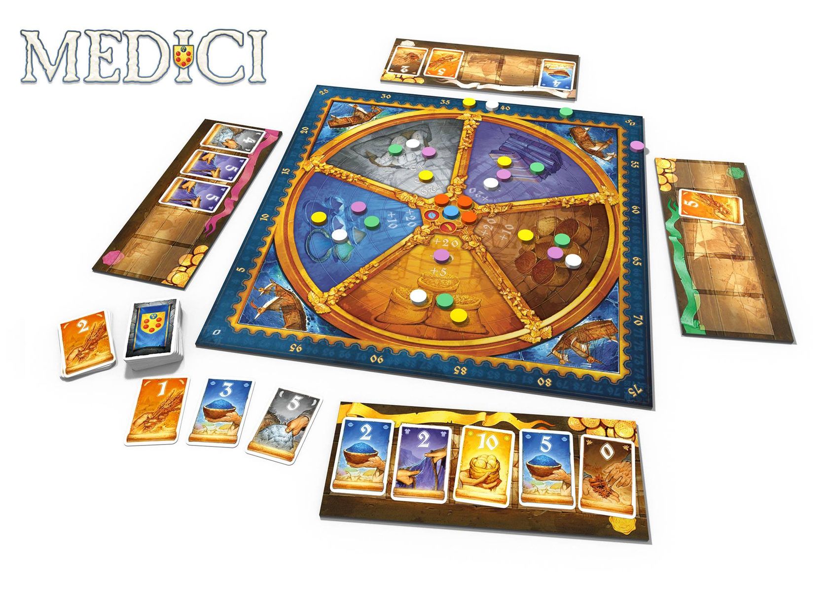a board with a round design on it split into 5 segments.  a track goes around the outside of the board to track income and scoring, and majorities are indicated by wooden discs inside the circle design