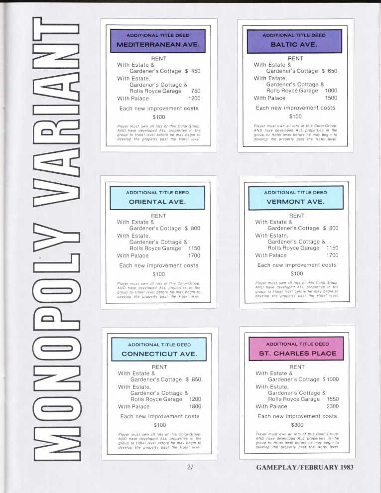 Variations on a Theme: Supplementary Rules for Monopoly