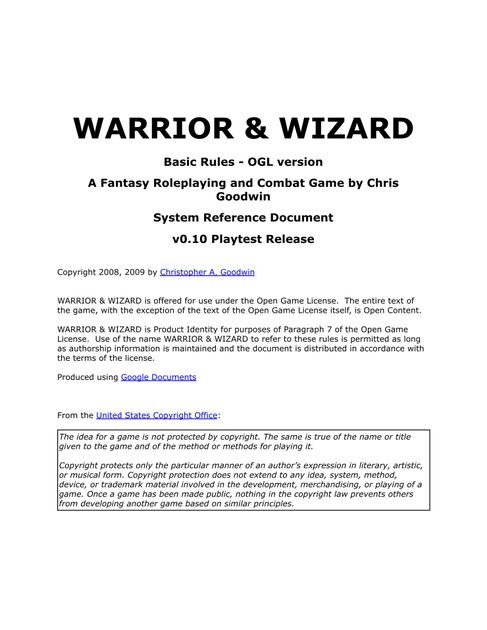 Warrior & Wizard Basic Rules System Reference Document | Warrior ...