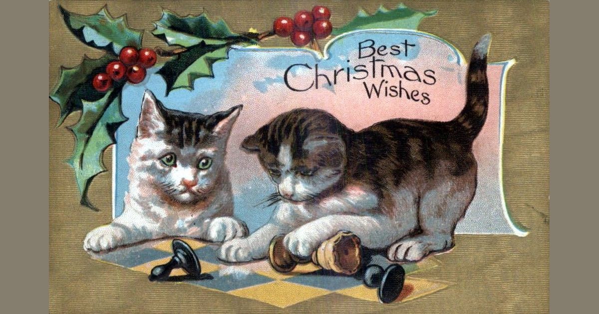 Когда листинг cats. Рождественские открытки с котами. Открытки на Рождество с котом. Открытки с котиками ретро Рождество. Ретро открытка кот.