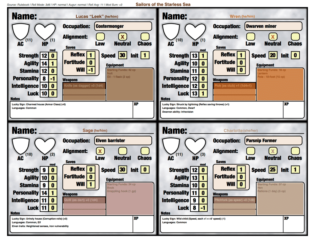 RPGGeek 2023 NPI - Table 1 - Character Sheets | DCC #067: Sailors on ...