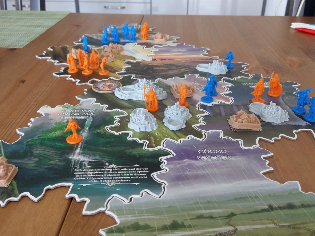 Board game Inis set up on a tabletop for solo play. (Cole won.)