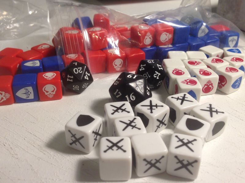 MTG BG Dice in front Heroscape dice in back