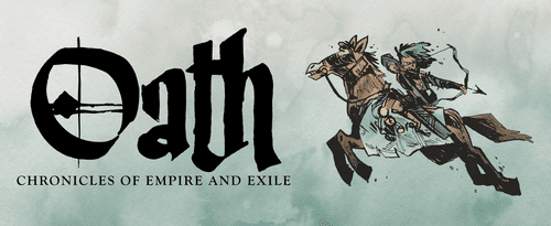 Image with the title art for Oath: Chronicles of Empire and Exile, featuring a mounted archer ready to loose an arrow. Art by Kyle Ferrin