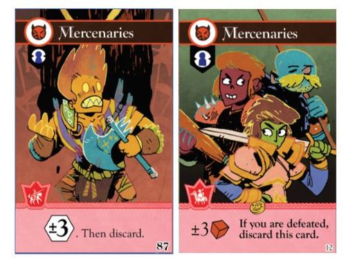 Two iterations of the Mercenary card from Oath the board game, art by Kyle Ferrin