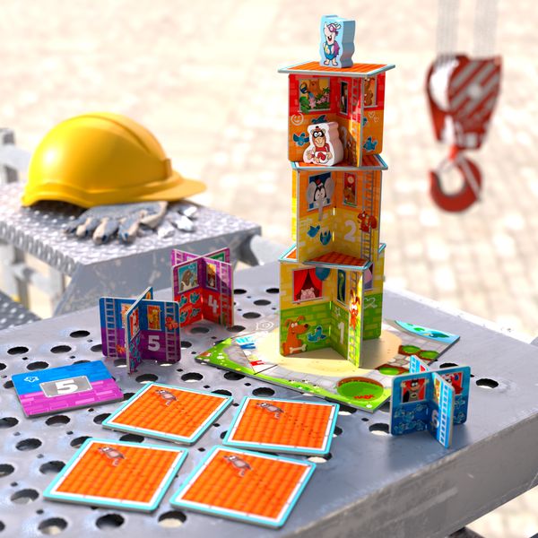 Mid-game image of Rhino Hero Junior with props.