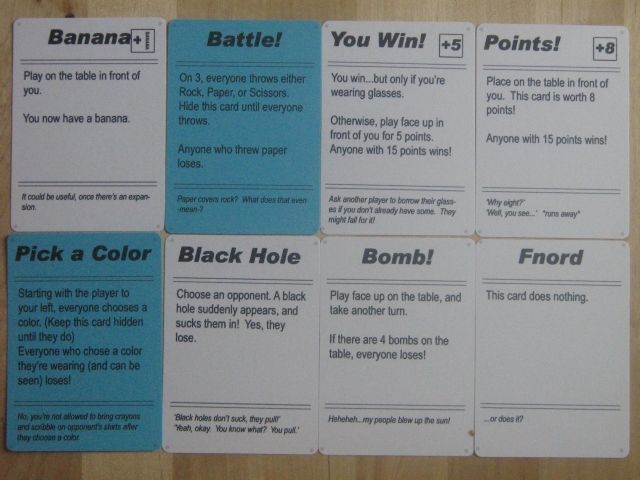 A sampling of some of the cards in the game, from the ever-popular banana to the infamous bomb.