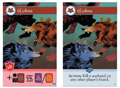 Two iterations of the Wolf card from the Oath board game; art by Kyle Ferrin