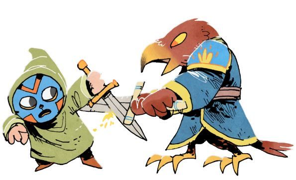 illustration of a masked figure defending itself from an attack by a much larger bird