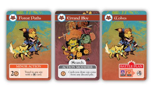 Cards from Oath the board game: Forest Paths, Errand Boy and Wolves; art by Kyle Ferrin