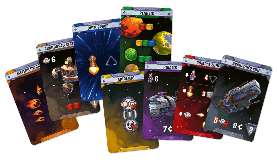 Here's a mix of the fun, crazy cards you'll find in the new Galaxy Trucker.
