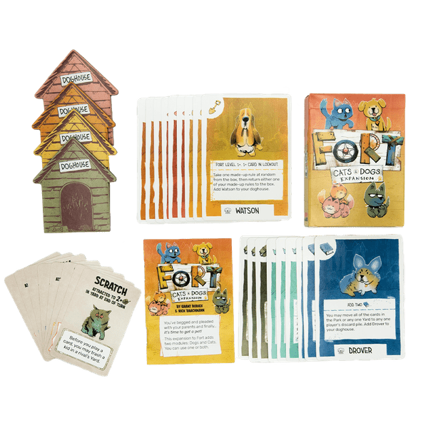 4 Doghouse Boards, 18 Dog Cards, 8 Cat Cards, 1 Rulebook, all with new art from Kyle Ferrin