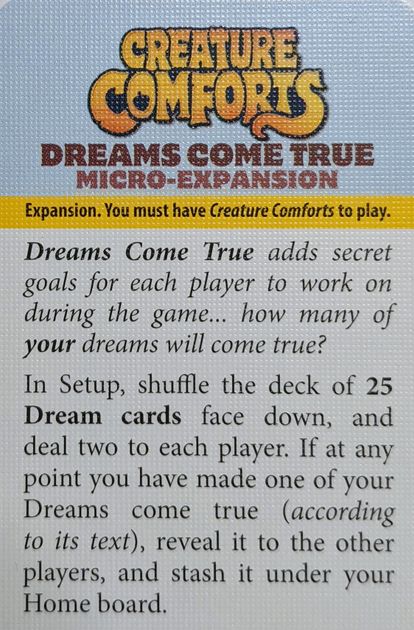 Creature Comforts Dreams Come True Micro Expansion Board Game BoardGameGeek