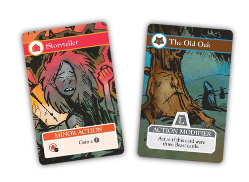 Two cards from Oath the Board Game: Storyteller and The Old Oak. Art by Kyle Ferrin