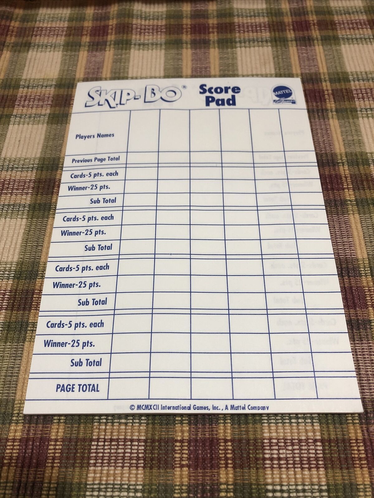 SkipBo Score Sheet SkipBo