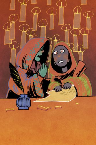 Gossip card art from Oath the board game. A hooded figure whispers into the ear of another. Art by Kyle Ferrin