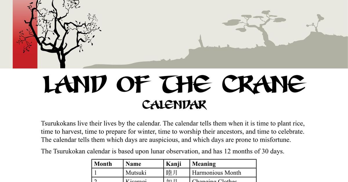 Land of the Crane Calendar RPG Item RPGGeek