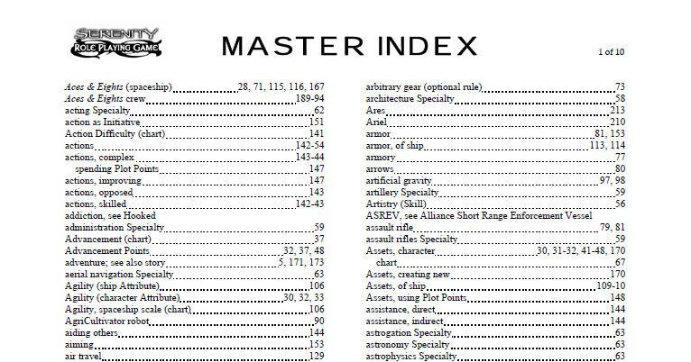 Serenity Master Index | RPG Item | BoardGameGeek
