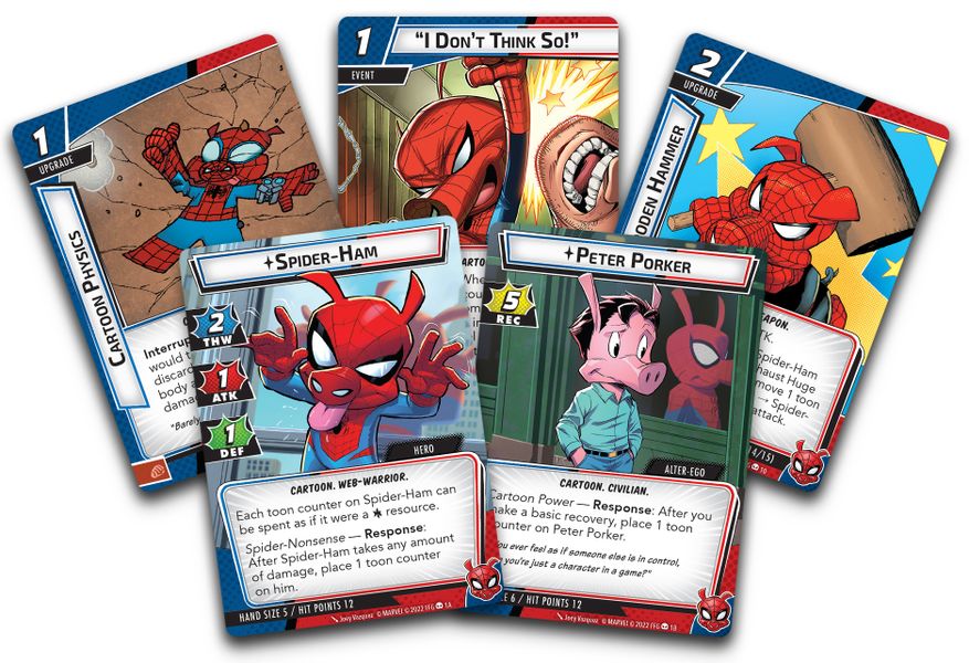 Marvel Champions: The Card Game – Spider-Ham Hero Pack, Fantasy Flight Games, 2022 — sample cards (image provided by the publisher)