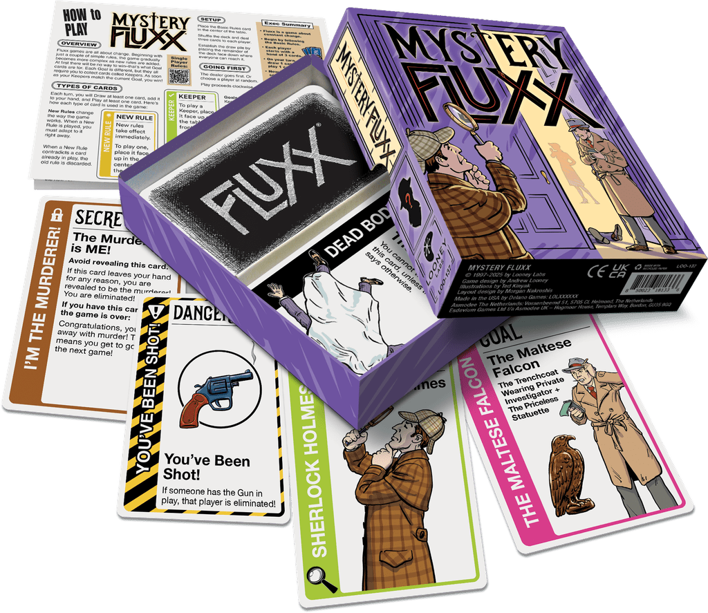 Mystery Fluxx, Looney Labs, 2025 — 상자 및 샘플 구성 요소(출판사 제공 이미지)
