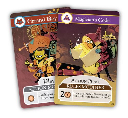 Cards from Oath the Board Game: Errand Boy and Magician's Code; art by Kyle Ferrin