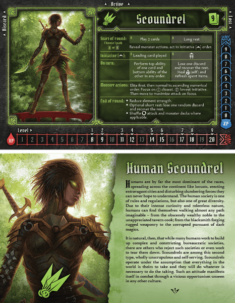Finalized character mat for the Scoundrel starting class - front and back