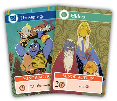 Cards from Oath the Board Game: Pressgangs and Elders; art by Kyle Ferrin