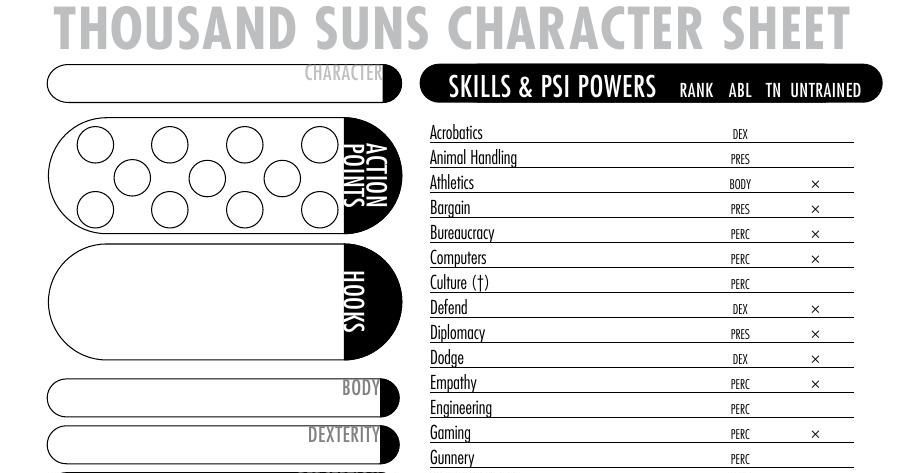 Thousand Suns: Character Sheet | RPG Item | RPGGeek