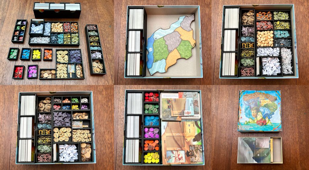 Insert for the base game, Jagged Earth, Branch & Claw, and all wooden tokens. The spirit boards and the invaders board extension had to be stored in the Branch & Claw box. — Photo by Hipopotam on BoardGameGeek