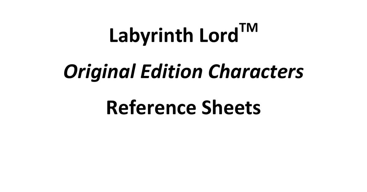 Labyrinth Lord Original Edition Characters Reference Sheets RPG Item