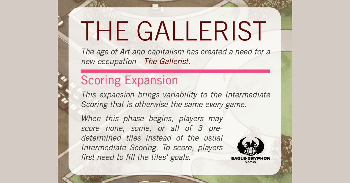 Includes Scoring Expansion The Gallerist Board Game 